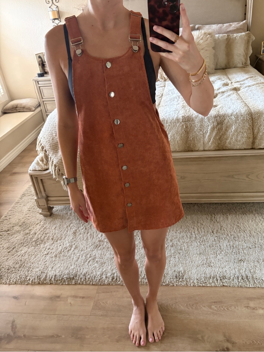 Francesca's Collections Rust Corduroy Button-Front Pinafore Mini Dress